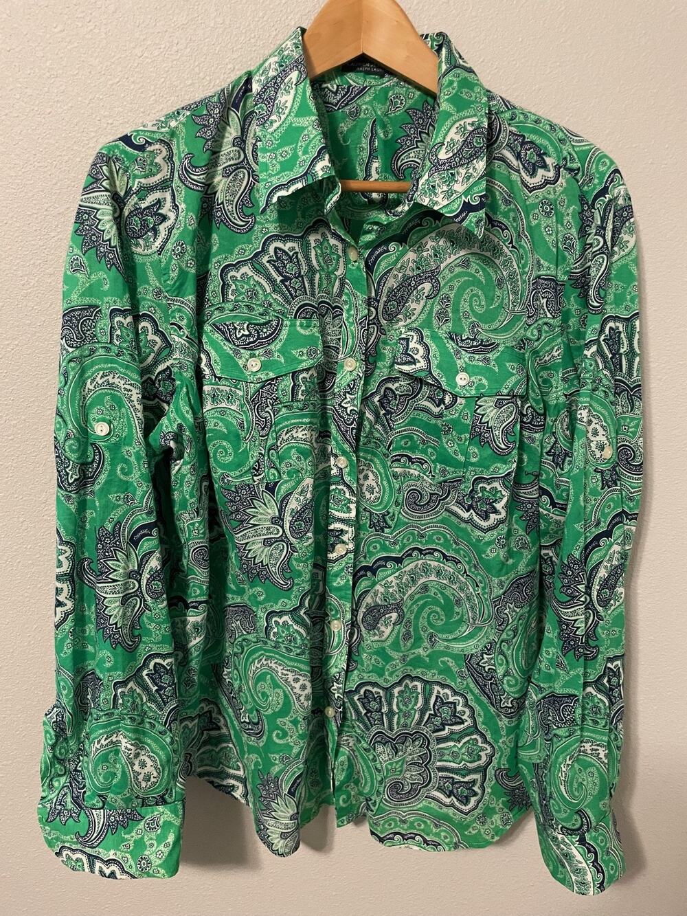Lauren Jeans Co Ralph Lauren Button Up Womens 2X Green Paisley Lightweight Boho